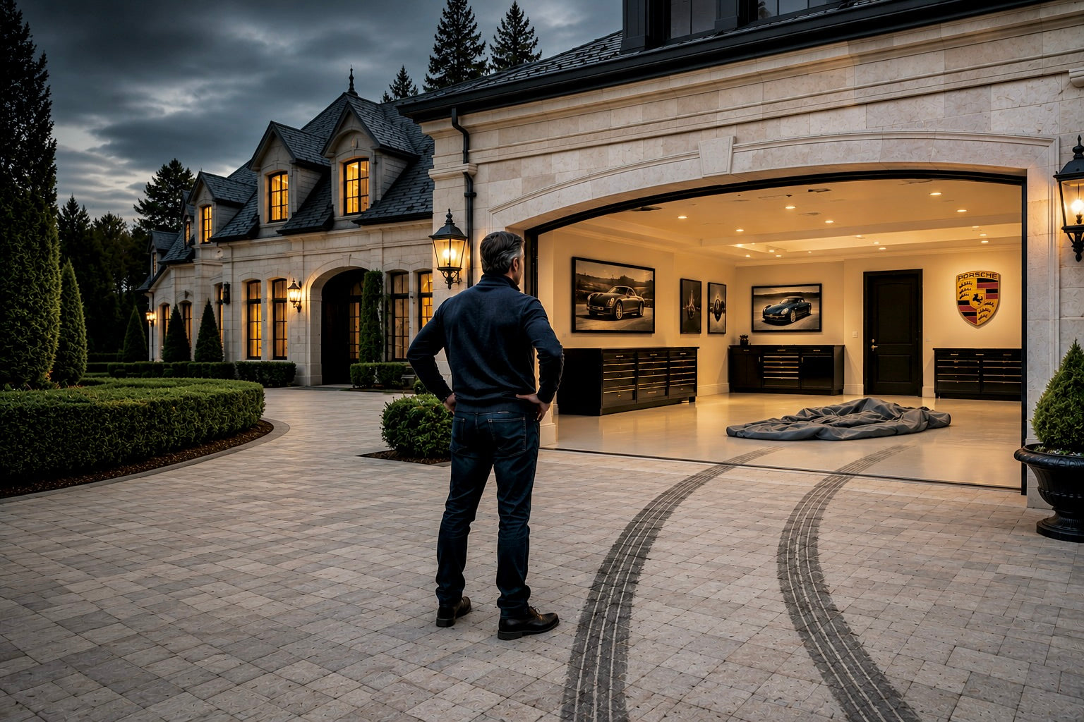 Man standing outside a luxury garage where a high-value vehicle is missing, with a car cover on the floor and tire marks on the driveway.