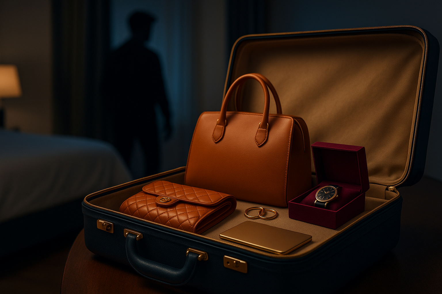 Open suitcase with luxury handbag, wallet, gold watch, and jewelry inside a softly lit modern bedroom at night, with a blurred figure in the background.