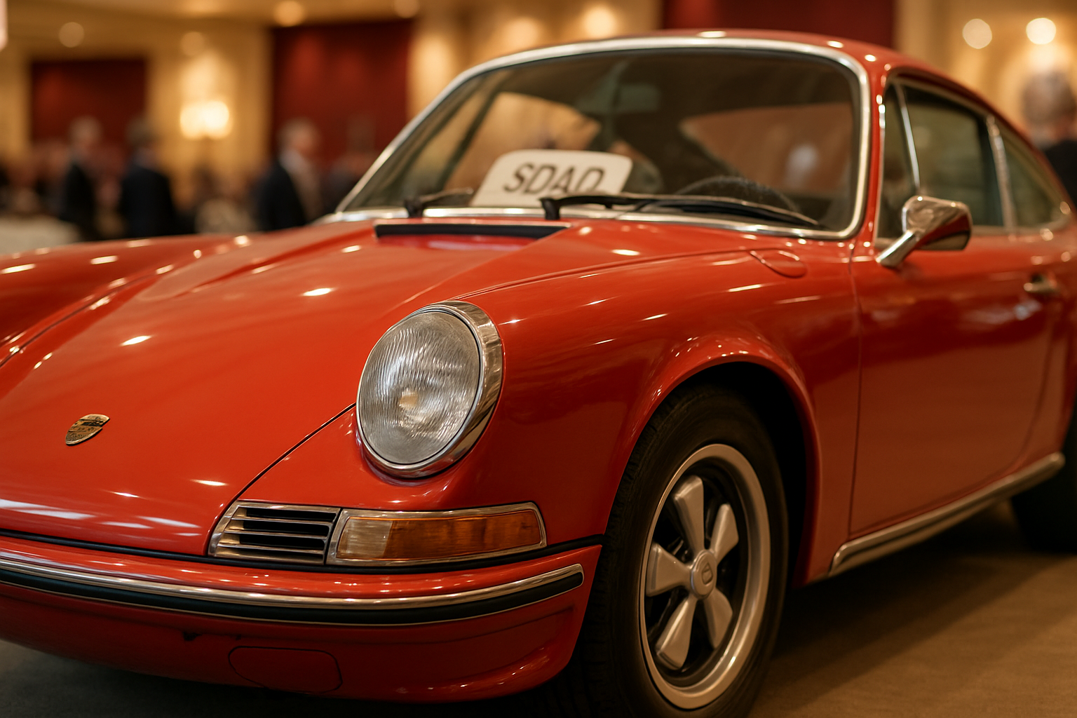 Close-up of a red Porsche 911 at a luxury car auction, showing hood, headlight, door, and blurred "SOLD" sign in the windshield.