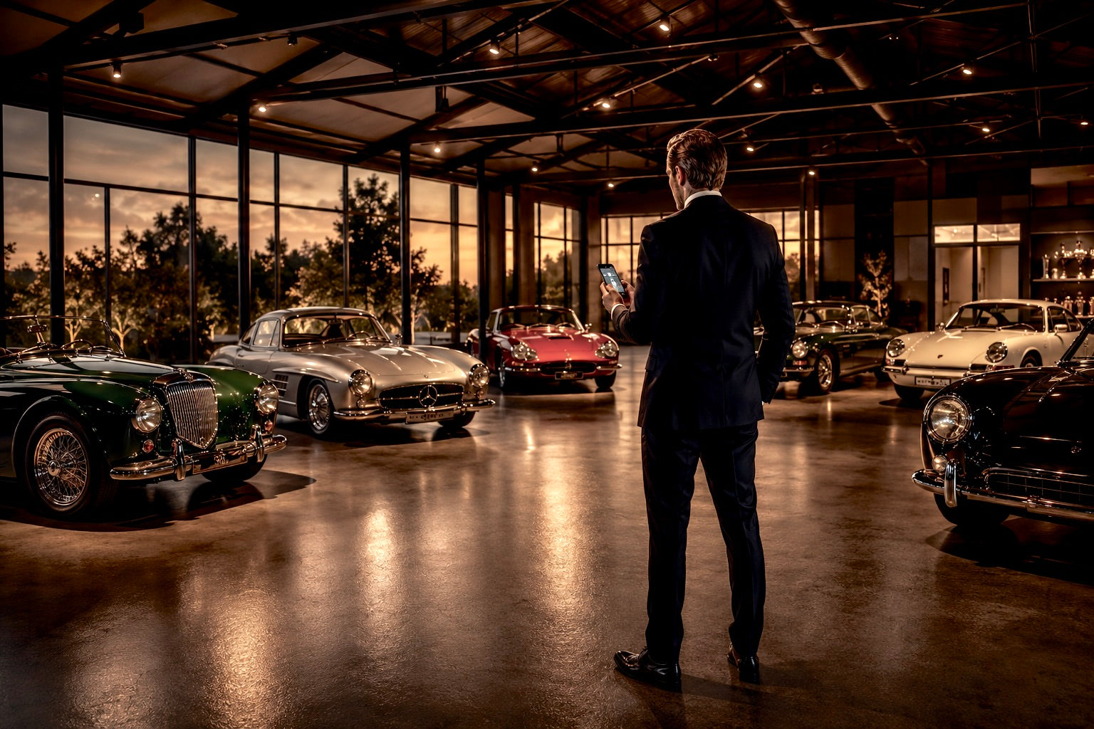 Collector in a tailored suit checks a car monitoring system on his smartphone inside a warm, dusk-lit garage filled with vintage luxury cars.
