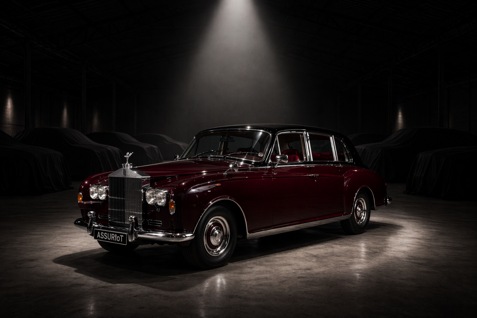 Classic burgundy Rolls-Royce Phantom in a minimalist warehouse setting with shadowed covered vehicles behind it