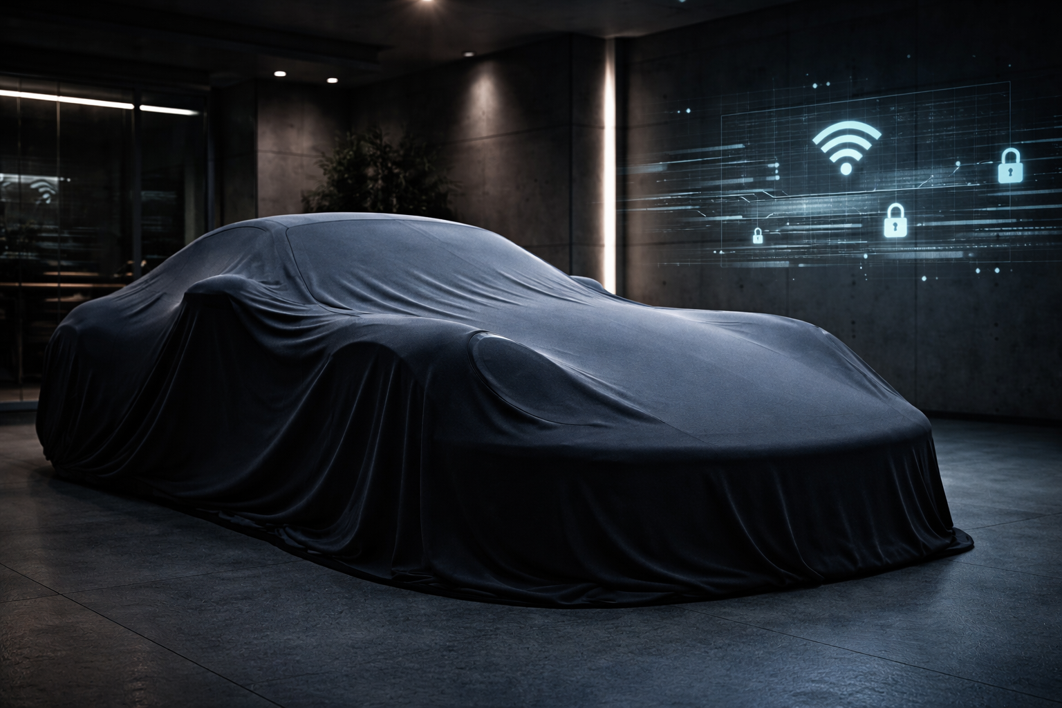 A covered vehicle sits in a modern garage as digital icons represent secure firmware-over-the-air updates for long-term asset monitoring
