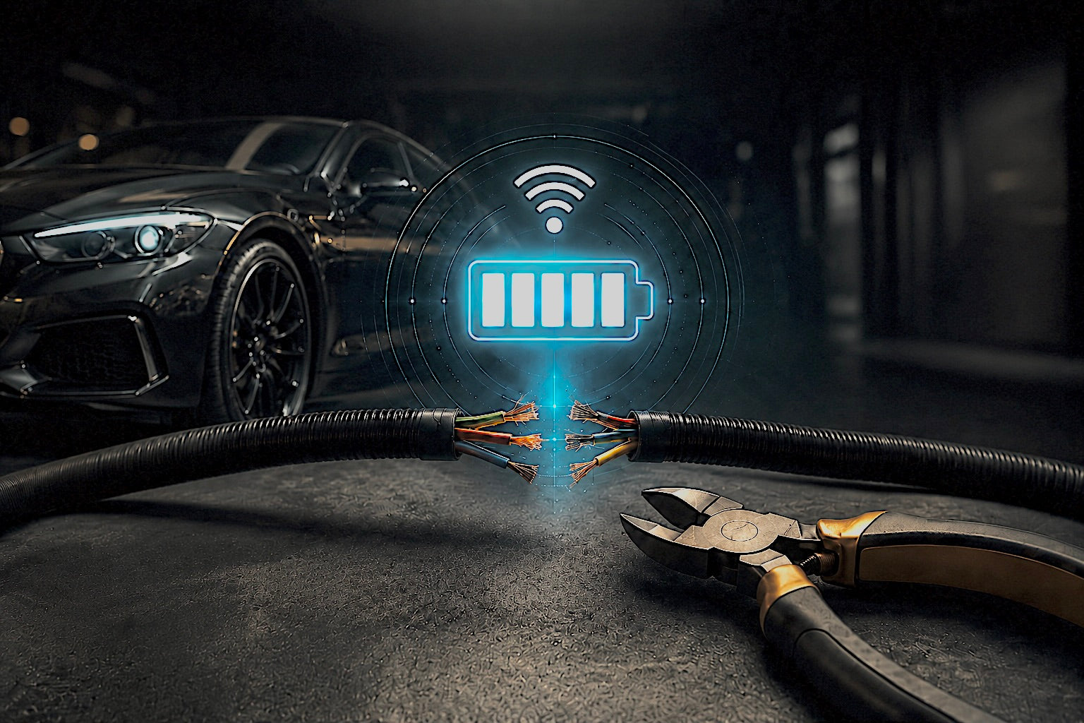 Cut vehicle wires and wire cutters sit before a luxury car with a glowing battery signal, showing battery-powered monitoring.
