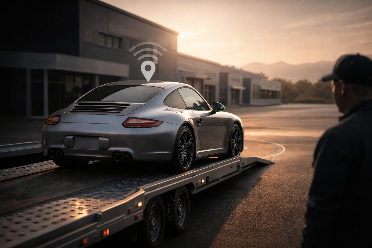 Collector car being loaded onto a transport trailer at sunrise with a subtle location pin and signal indicator above it, representing continuous vehicle tracking during handoff and transit