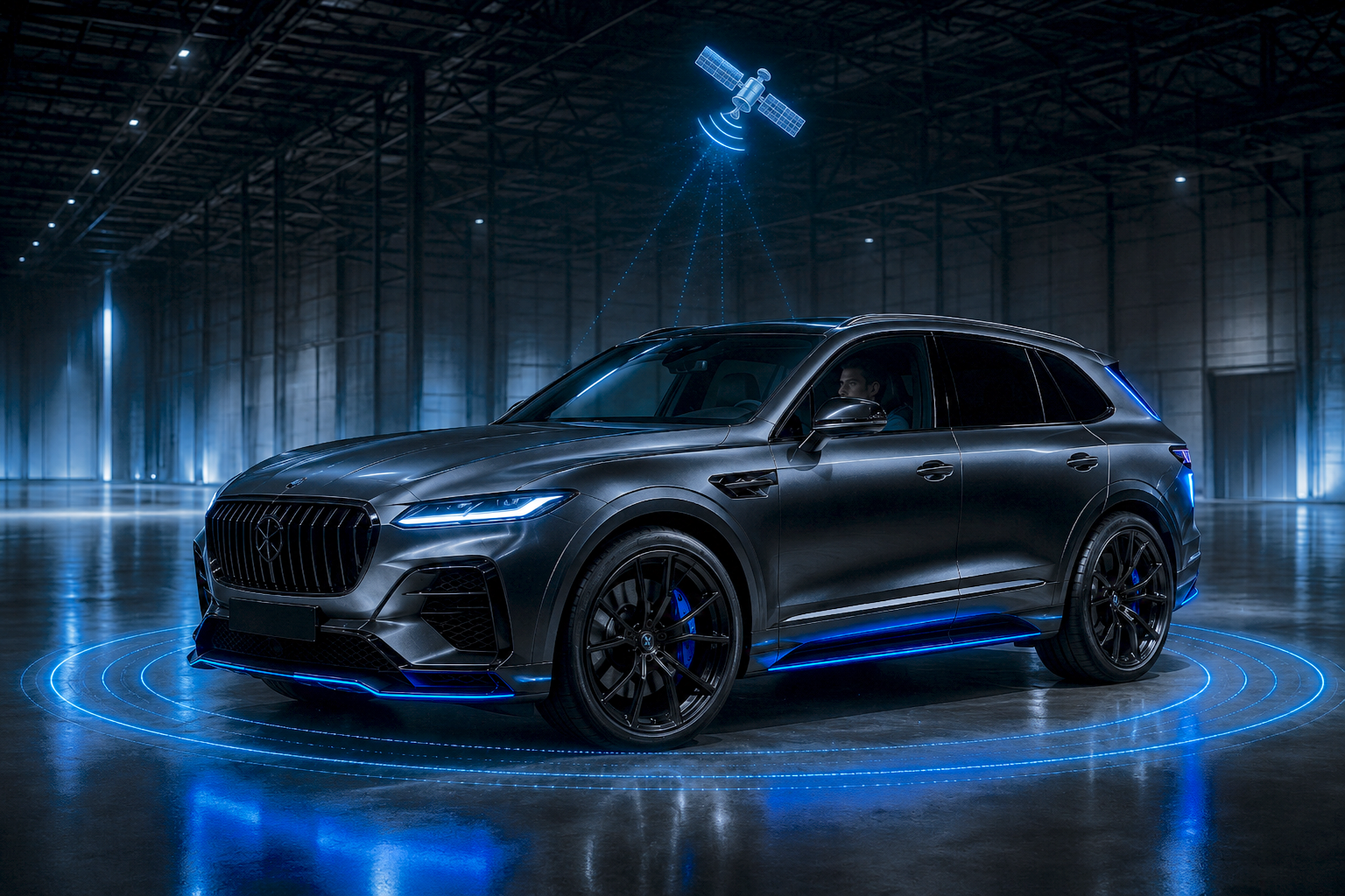 Luxury SUV in a dim warehouse surrounded by blue digital monitoring rings with a satellite signal overhead.