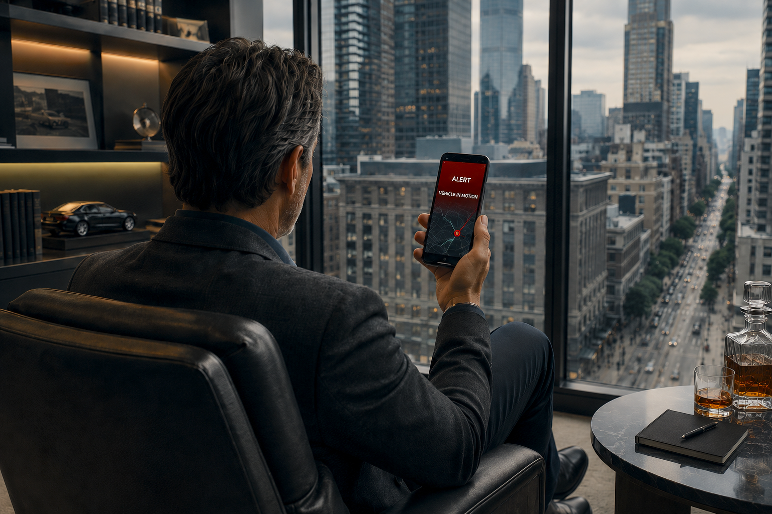 High-value vehicle owner receives a vehicle in motion alert while overlooking a city from a private office.
