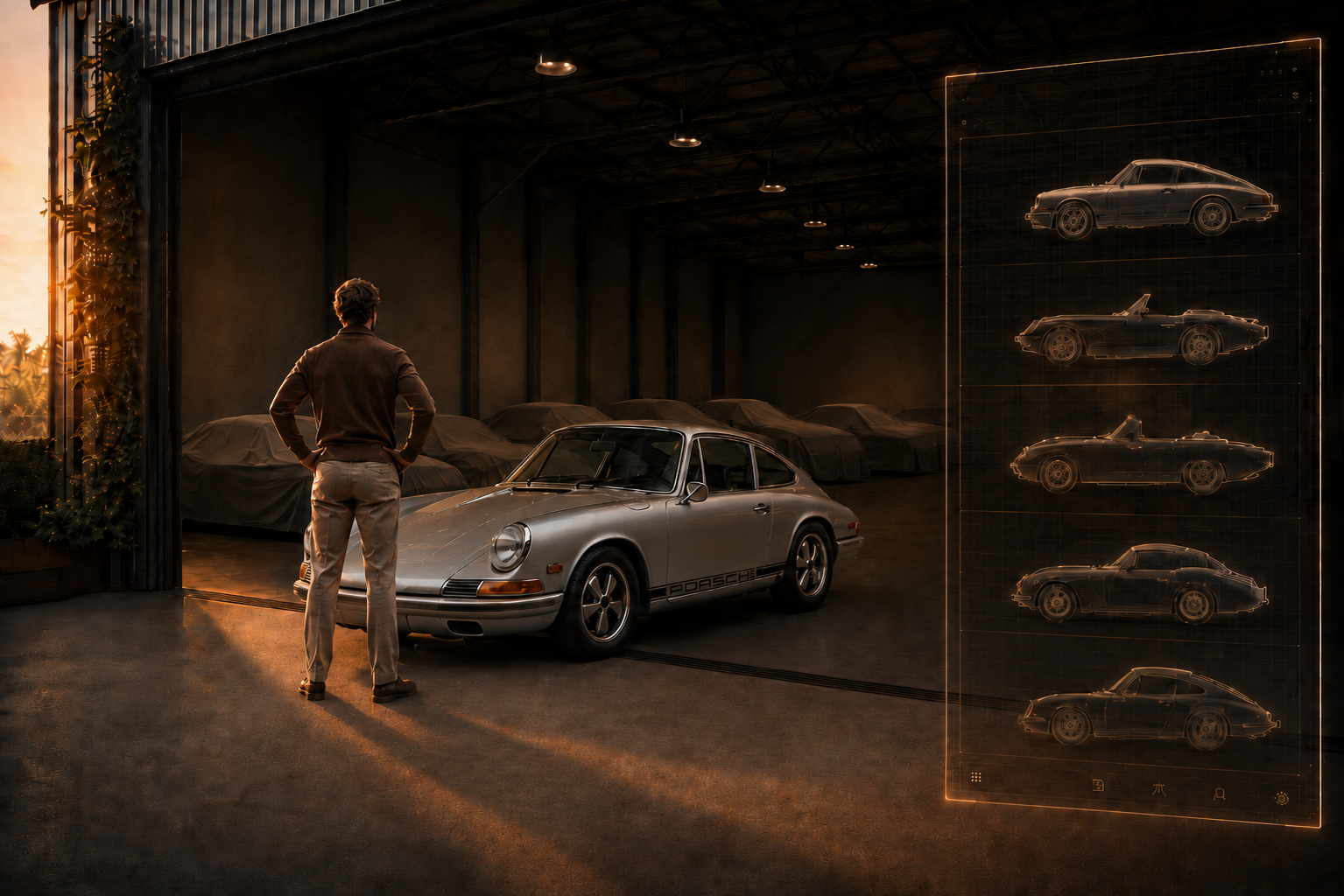 Classic silver Porsche 911 parked at the entrance of an upscale private warehouse with a collector admiring covered vehicles in storage.