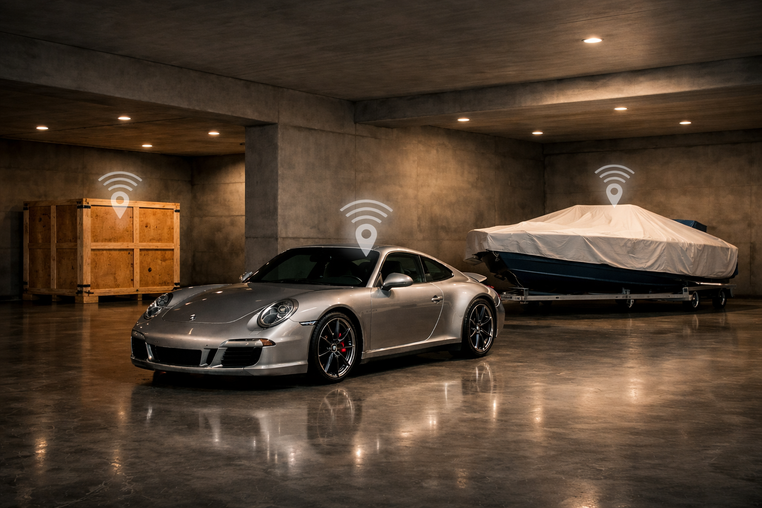 Luxury indoor storage garage with a silver sports car, covered boat, and wooden crate, each marked with translucent location pins and Wi-Fi signal icons indicating monitored assets