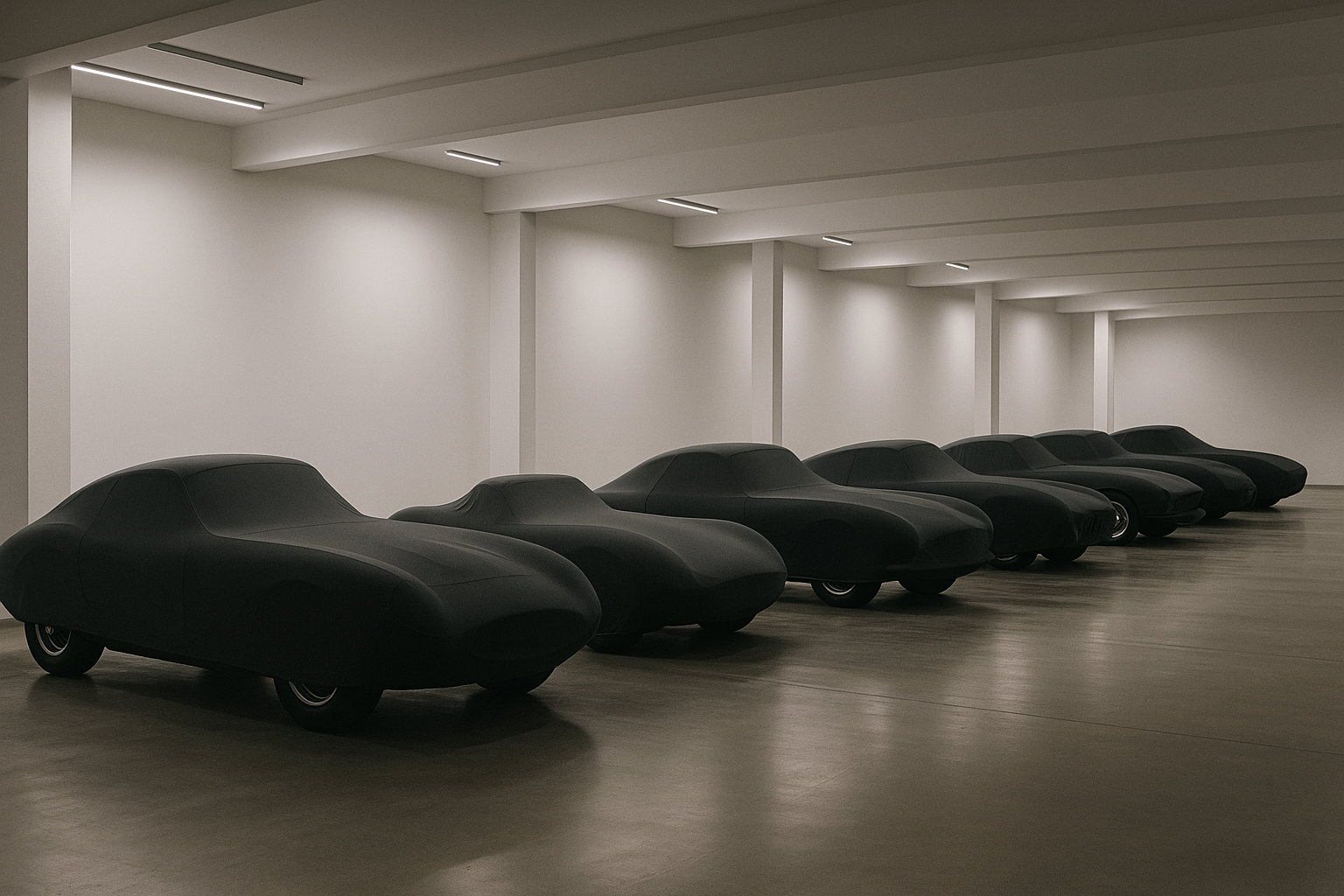 Row of covered vintage cars stored in a clean, climate-controlled garage.