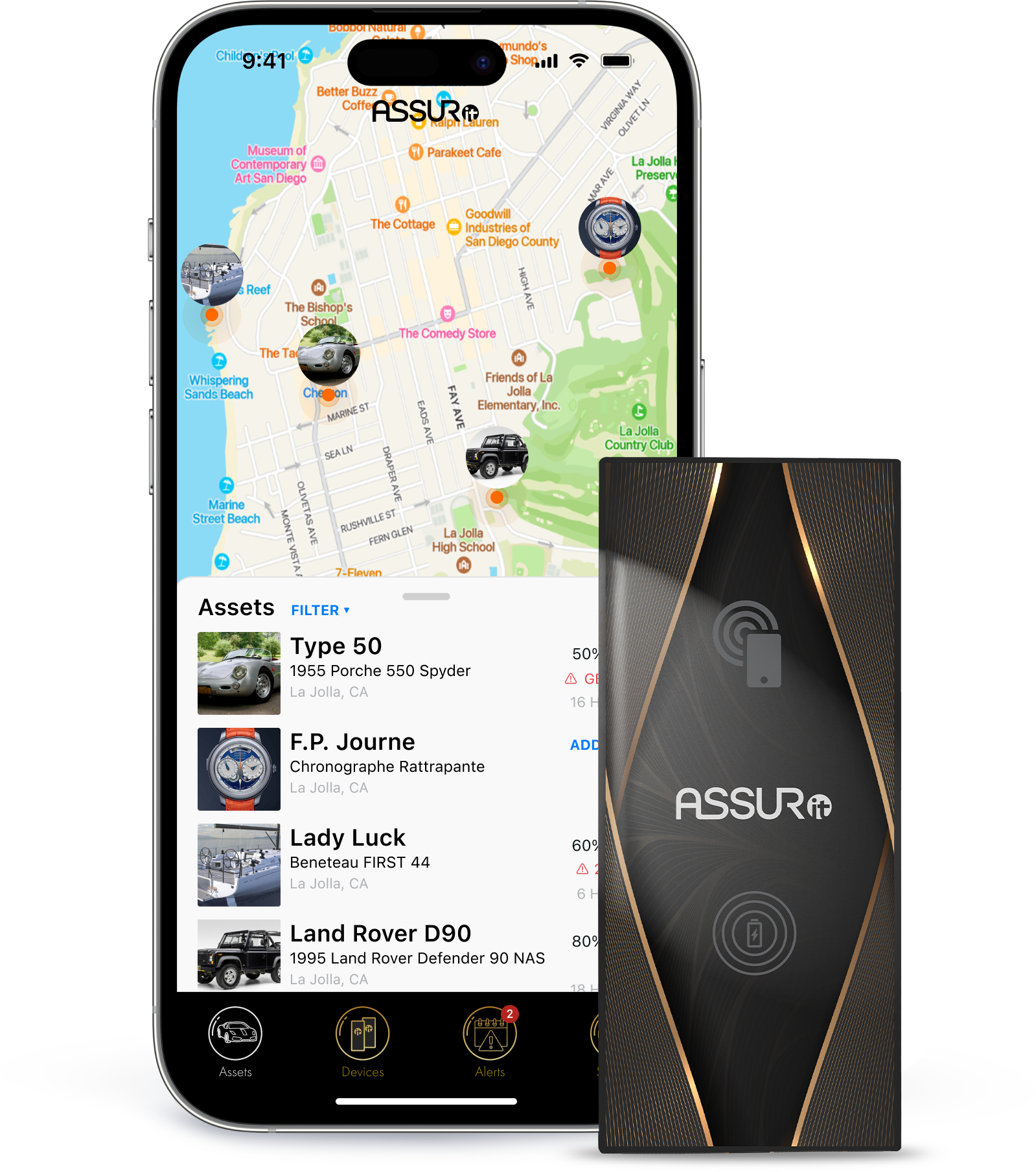 Phone with ASSURIoT app showing Asset Map list screen and tracking device