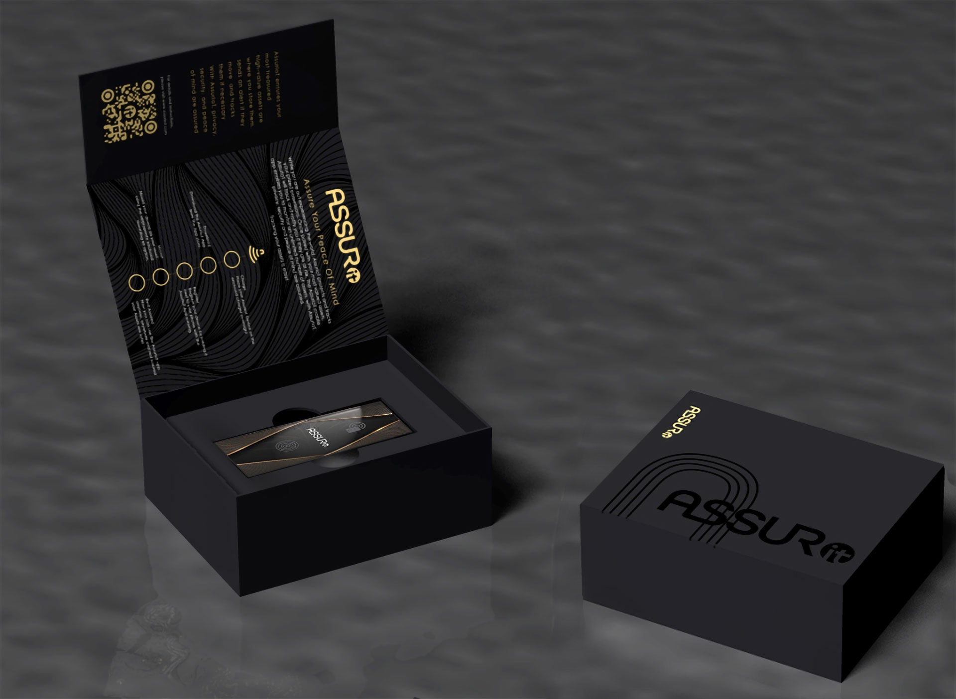 ASSURIoT boxes on display on table.