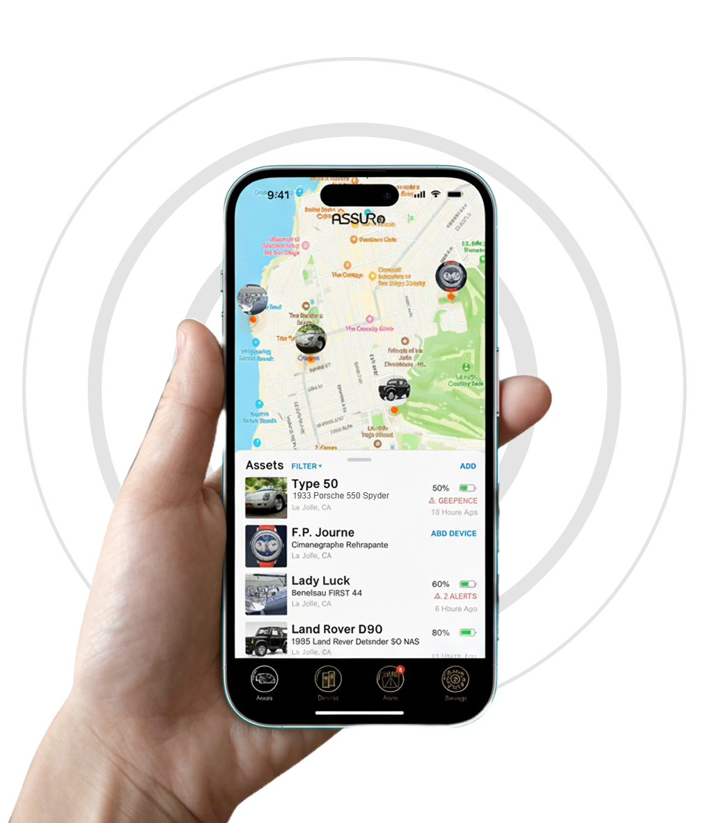 App screenshot showing asset tracking map and list